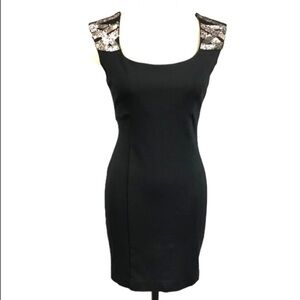 Guess Women's Sz XS Mini Bodycon Dress Black Beaded Sequin Shoulders Square Neck